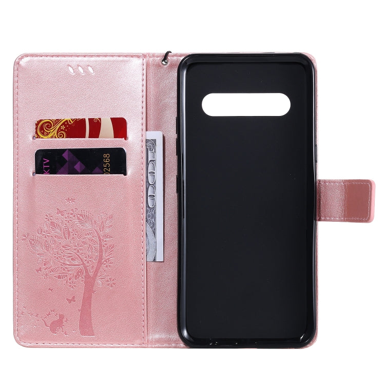 For LG V60 ThinQ 5G Tree & Cat Embossed Pattern Horizontal Flip Leather Case with Holder & Card Slots & Wallet & Lanyard