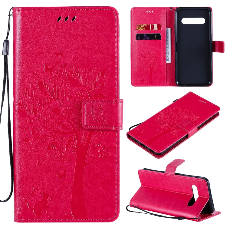 For LG V60 ThinQ 5G Tree & Cat Embossed Pattern Horizontal Flip Leather Case with Holder & Card Slots & Wallet & Lanyard