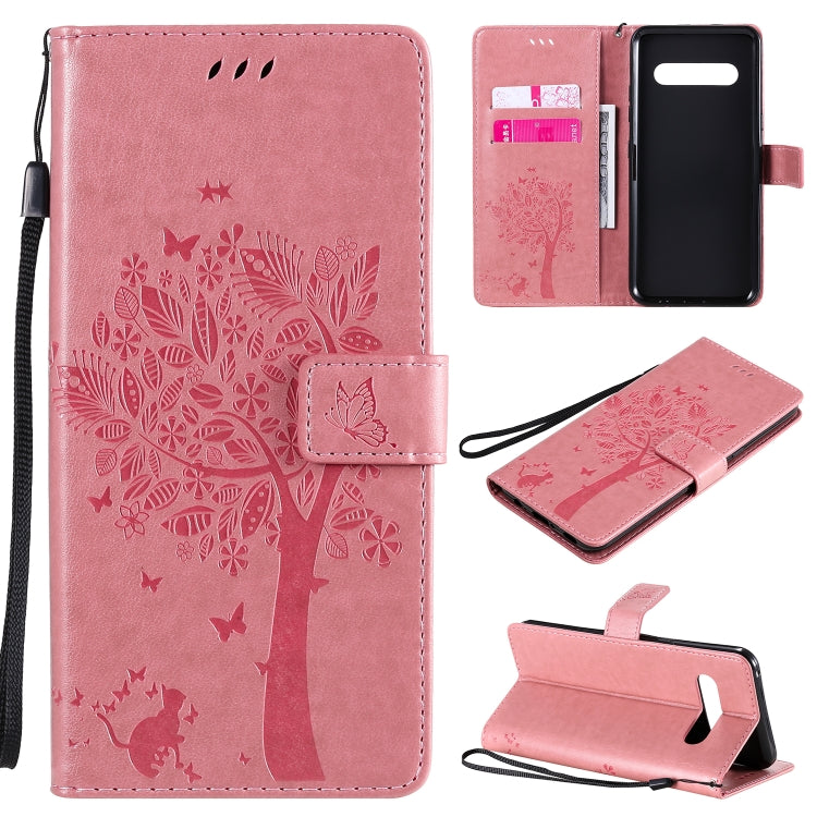 For LG V60 ThinQ 5G Tree & Cat Embossed Pattern Horizontal Flip Leather Case with Holder & Card Slots & Wallet & Lanyard