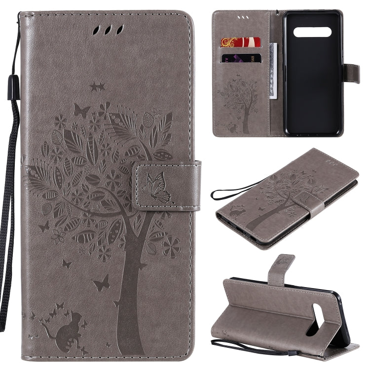 For LG V60 ThinQ 5G Tree & Cat Embossed Pattern Horizontal Flip Leather Case with Holder & Card Slots & Wallet & Lanyard