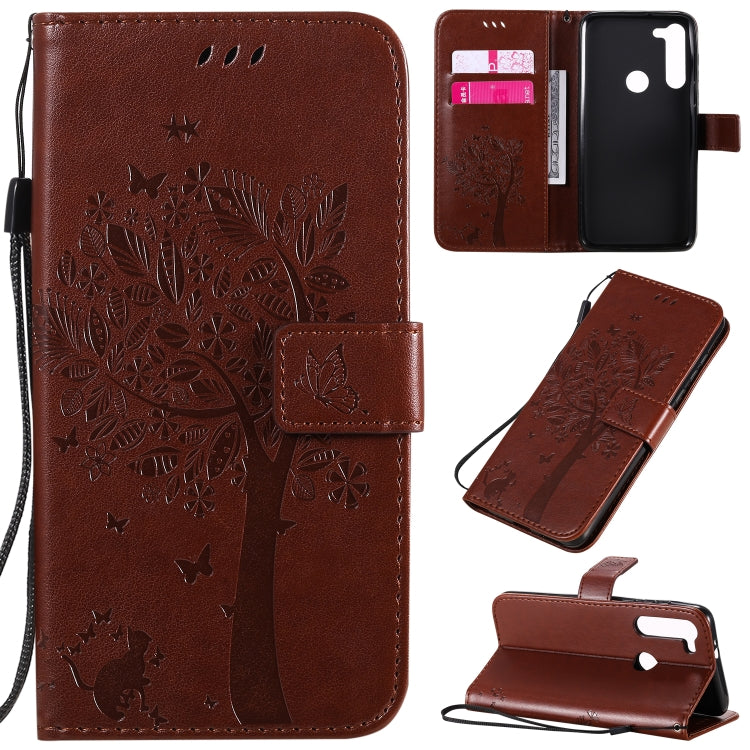For Motorola Moto G8 Power Tree & Cat Embossed Pattern Horizontal Flip Leather Case with Holder & Card Slots & Wallet & Lanyard