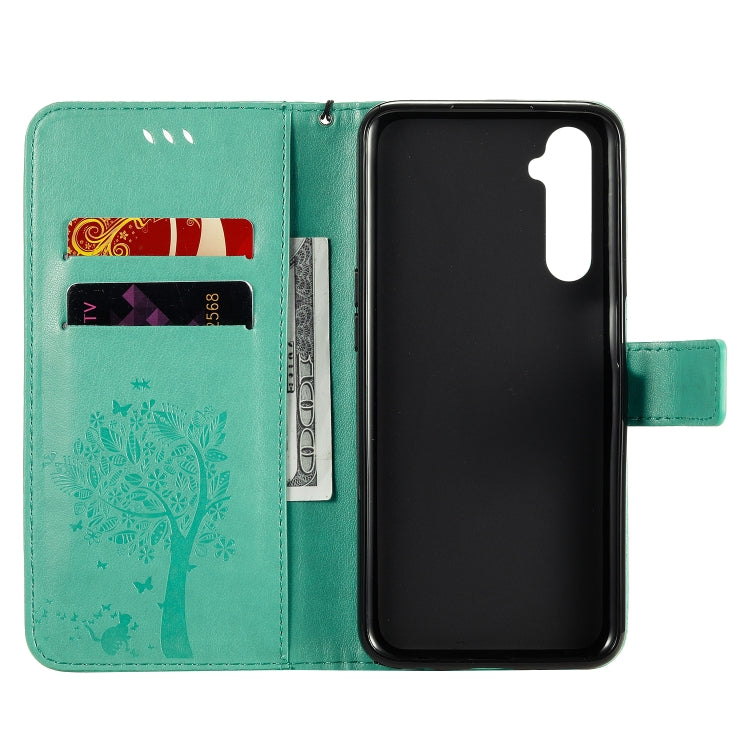 For OPPO Realme 6 Tree & Cat Embossed Pattern Horizontal Flip Leather Case with Holder & Card Slots & Wallet & Lanyard