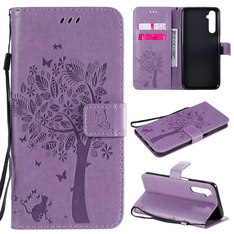For OPPO Realme 6 Tree & Cat Embossed Pattern Horizontal Flip Leather Case with Holder & Card Slots & Wallet & Lanyard