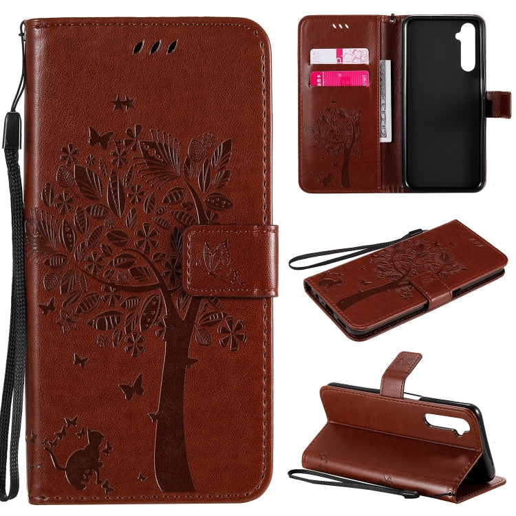 For OPPO Realme 6 Tree & Cat Embossed Pattern Horizontal Flip Leather Case with Holder & Card Slots & Wallet & Lanyard