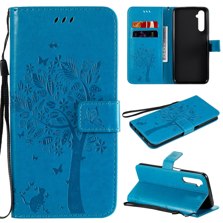 For OPPO Realme 6 Tree & Cat Embossed Pattern Horizontal Flip Leather Case with Holder & Card Slots & Wallet & Lanyard