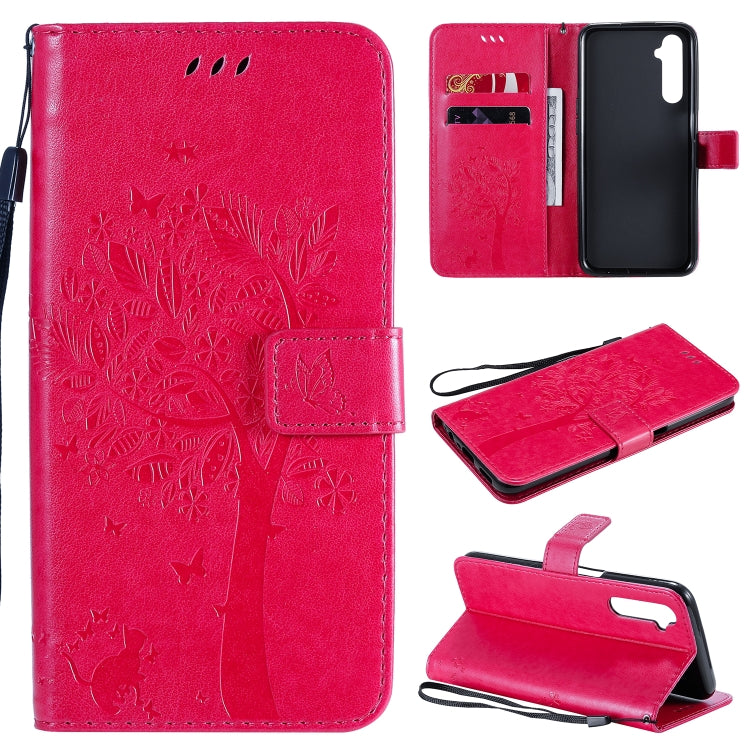 For OPPO Realme 6 Tree & Cat Embossed Pattern Horizontal Flip Leather Case with Holder & Card Slots & Wallet & Lanyard