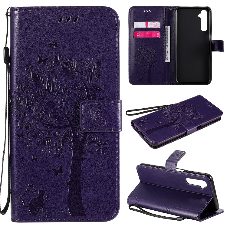 For OPPO Realme 6 Tree & Cat Embossed Pattern Horizontal Flip Leather Case with Holder & Card Slots & Wallet & Lanyard