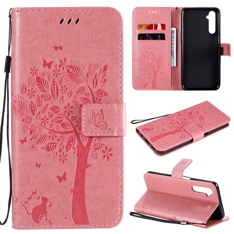 For OPPO Realme 6 Tree & Cat Embossed Pattern Horizontal Flip Leather Case with Holder & Card Slots & Wallet & Lanyard