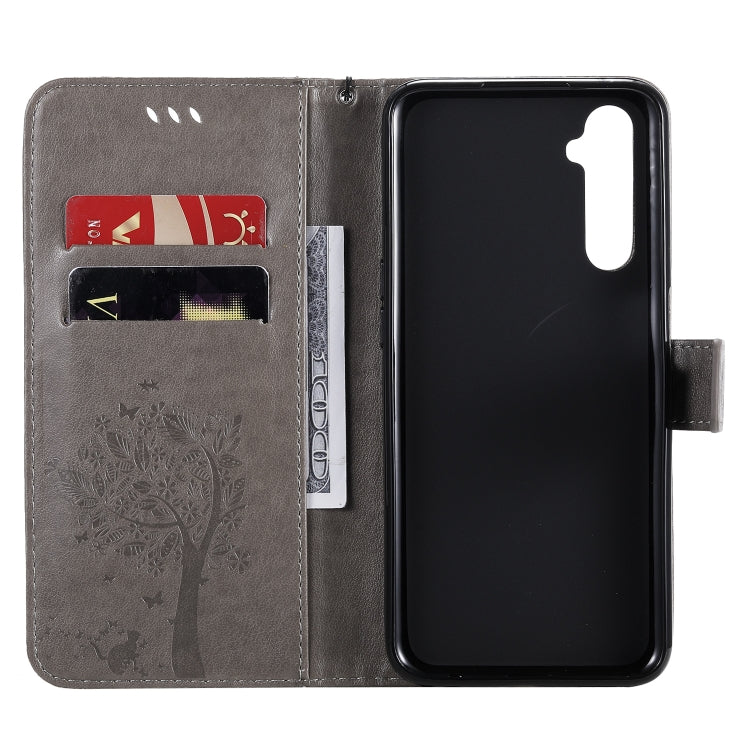 For OPPO Realme 6 Tree & Cat Embossed Pattern Horizontal Flip Leather Case with Holder & Card Slots & Wallet & Lanyard