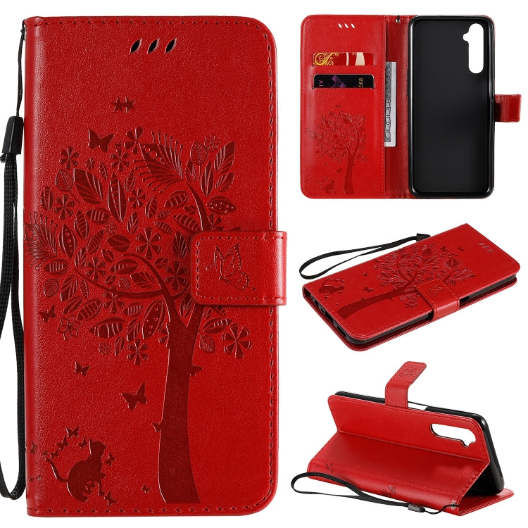 For OPPO Realme 6 Tree & Cat Embossed Pattern Horizontal Flip Leather Case with Holder & Card Slots & Wallet & Lanyard