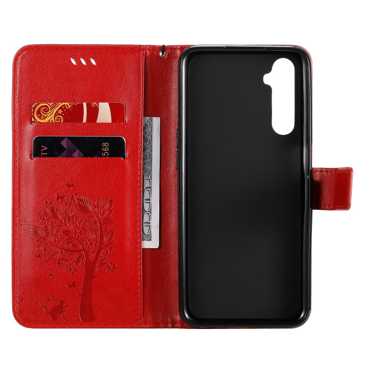 For OPPO Realme 6 Tree & Cat Embossed Pattern Horizontal Flip Leather Case with Holder & Card Slots & Wallet & Lanyard