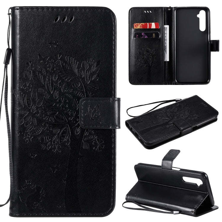 For OPPO Realme 6 Tree & Cat Embossed Pattern Horizontal Flip Leather Case with Holder & Card Slots & Wallet & Lanyard