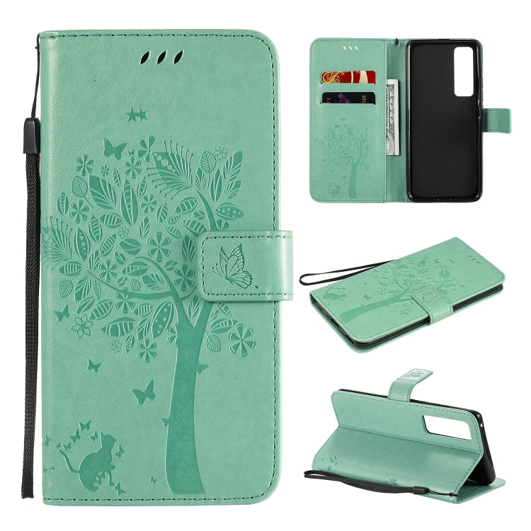 For Huawei Nova 7 Pro Tree & Cat Embossed Pattern Horizontal Flip Leather Case with Holder & Card Slots & Wallet & Lanyard