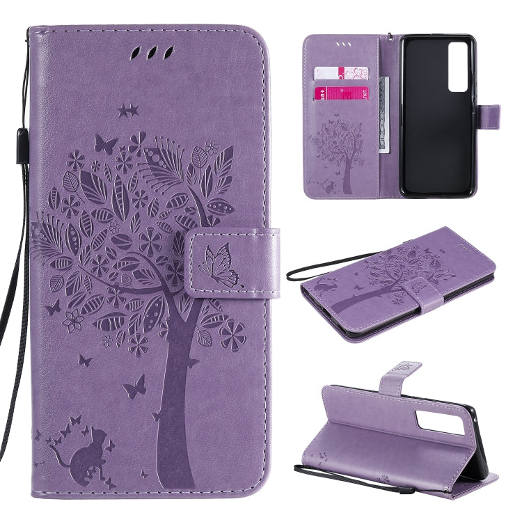 For Huawei Nova 7 Pro Tree & Cat Embossed Pattern Horizontal Flip Leather Case with Holder & Card Slots & Wallet & Lanyard