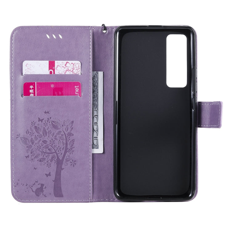 For Huawei Nova 7 Pro Tree & Cat Embossed Pattern Horizontal Flip Leather Case with Holder & Card Slots & Wallet & Lanyard