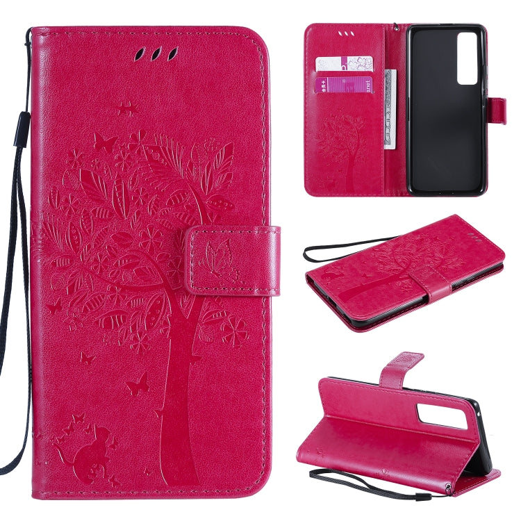 For Huawei Nova 7 Pro Tree & Cat Embossed Pattern Horizontal Flip Leather Case with Holder & Card Slots & Wallet & Lanyard