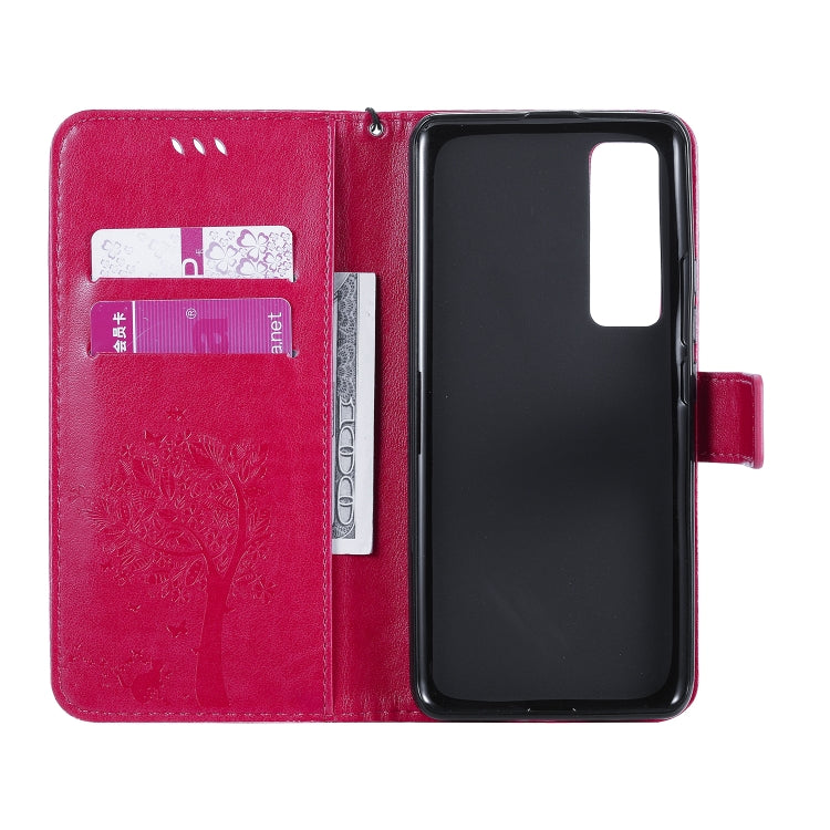 For Huawei Nova 7 Pro Tree & Cat Embossed Pattern Horizontal Flip Leather Case with Holder & Card Slots & Wallet & Lanyard