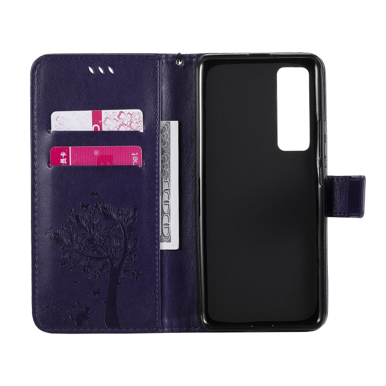 For Huawei Nova 7 Pro Tree & Cat Embossed Pattern Horizontal Flip Leather Case with Holder & Card Slots & Wallet & Lanyard