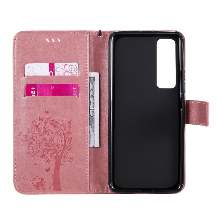For Huawei Nova 7 Pro Tree & Cat Embossed Pattern Horizontal Flip Leather Case with Holder & Card Slots & Wallet & Lanyard