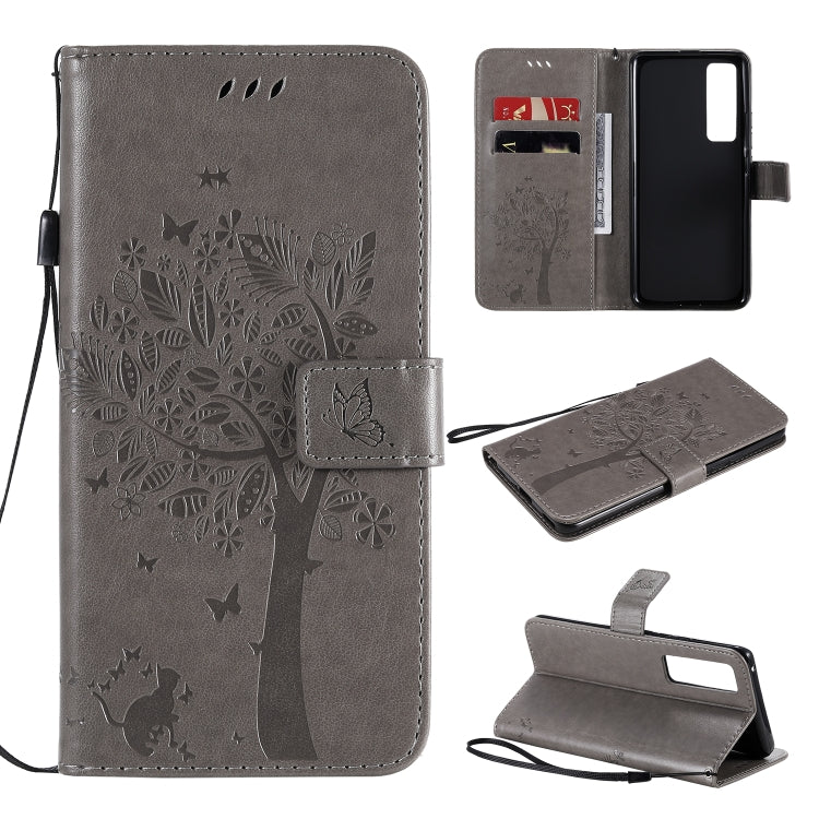 For Huawei Nova 7 Pro Tree & Cat Embossed Pattern Horizontal Flip Leather Case with Holder & Card Slots & Wallet & Lanyard