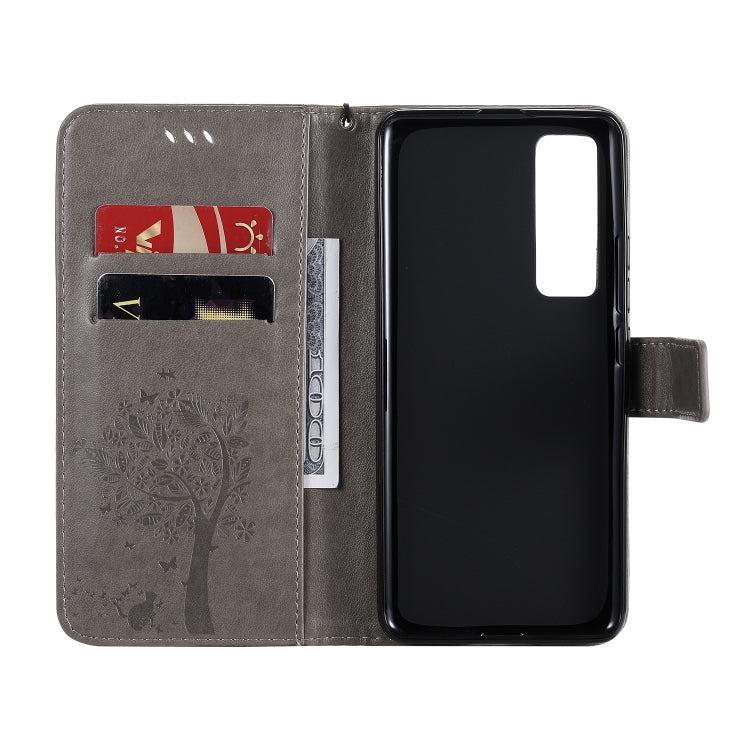 For Huawei Nova 7 Pro Tree & Cat Embossed Pattern Horizontal Flip Leather Case with Holder & Card Slots & Wallet & Lanyard