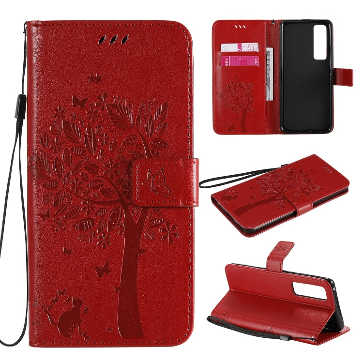 For Huawei Nova 7 Pro Tree & Cat Embossed Pattern Horizontal Flip Leather Case with Holder & Card Slots & Wallet & Lanyard