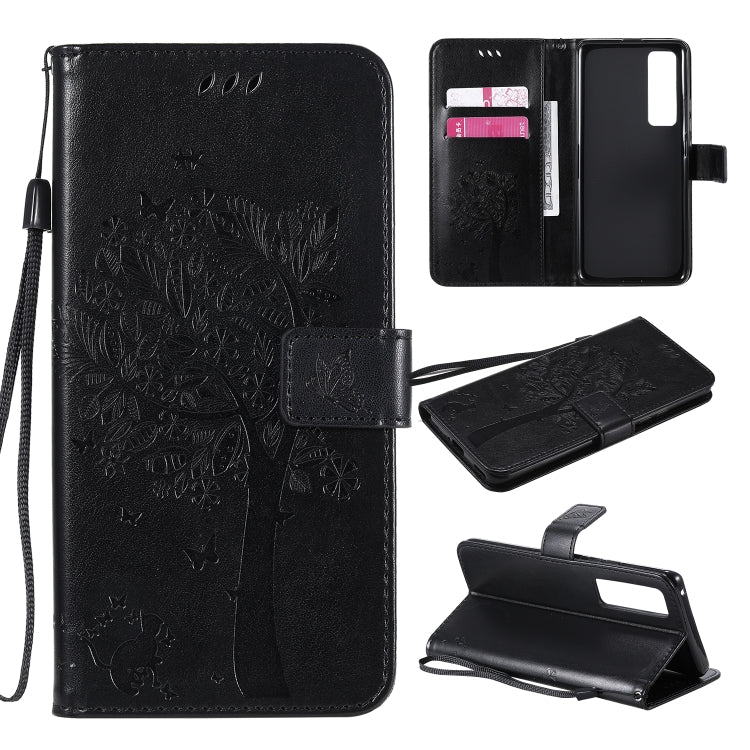 For Huawei Nova 7 Pro Tree & Cat Embossed Pattern Horizontal Flip Leather Case with Holder & Card Slots & Wallet & Lanyard