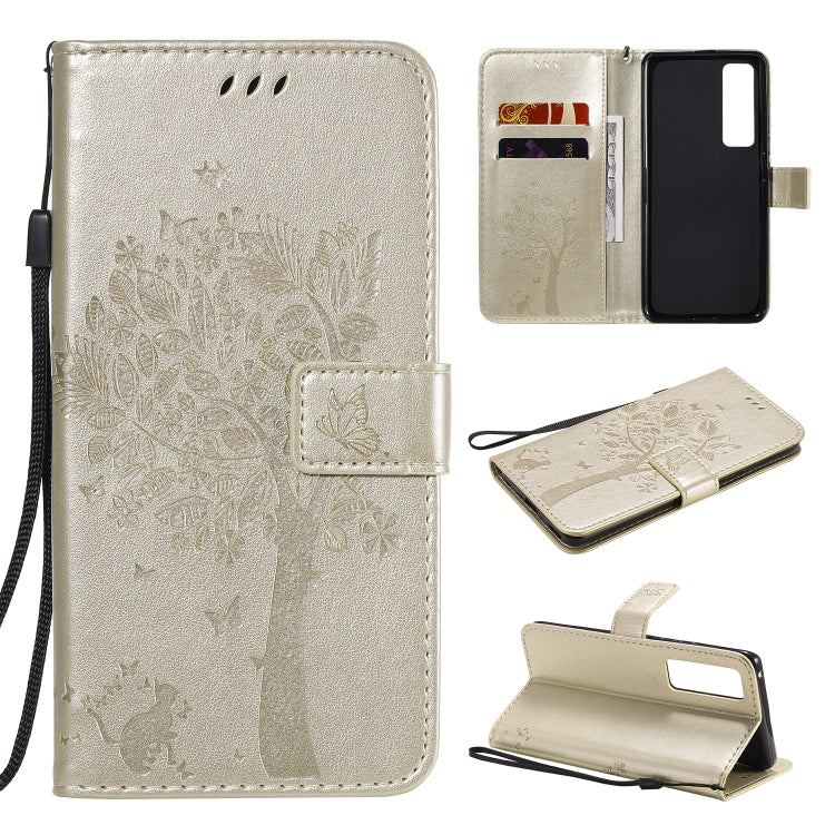 For Huawei Nova 7 Pro Tree & Cat Embossed Pattern Horizontal Flip Leather Case with Holder & Card Slots & Wallet & Lanyard