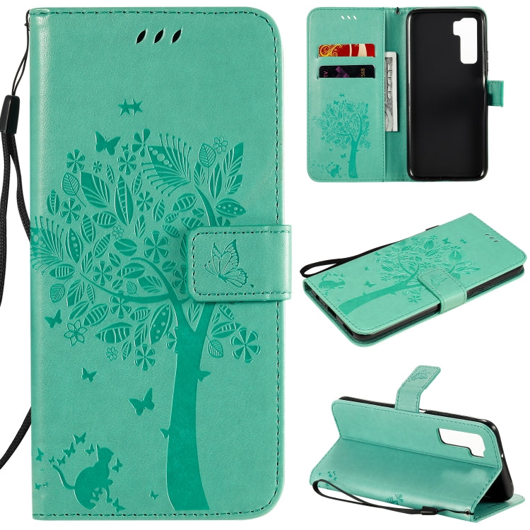 For Huawei Nova 7 SE Tree & Cat Embossed Pattern Horizontal Flip Leather Case with Holder & Card Slots & Wallet & Lanyard