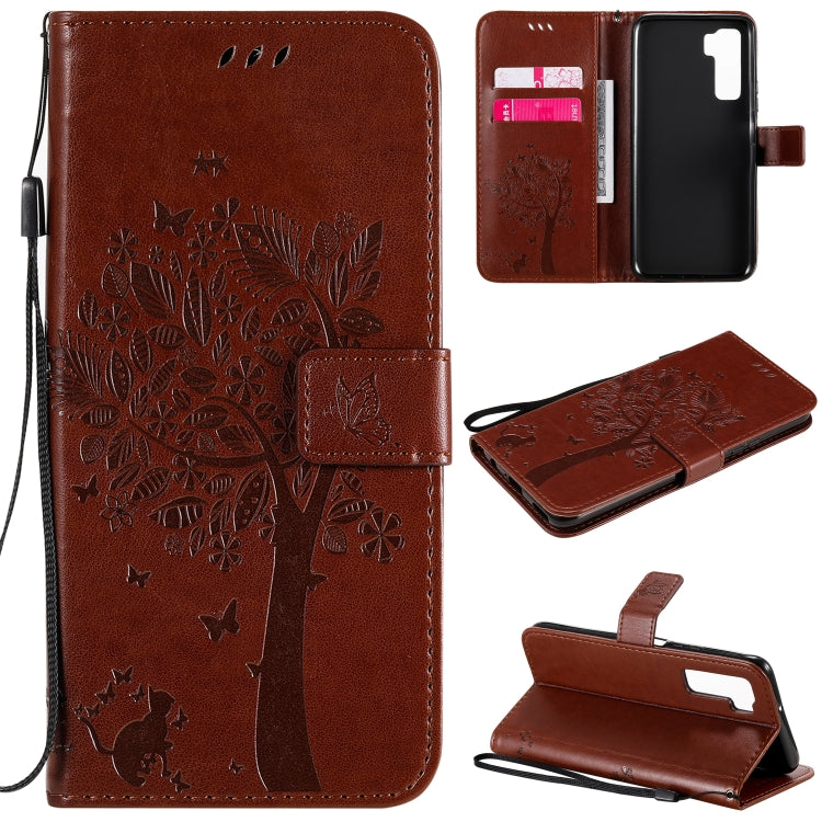 For Huawei Nova 7 SE Tree & Cat Embossed Pattern Horizontal Flip Leather Case with Holder & Card Slots & Wallet & Lanyard