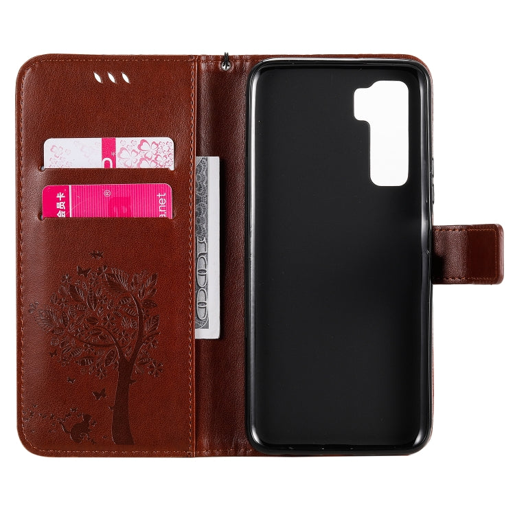 For Huawei Nova 7 SE Tree & Cat Embossed Pattern Horizontal Flip Leather Case with Holder & Card Slots & Wallet & Lanyard
