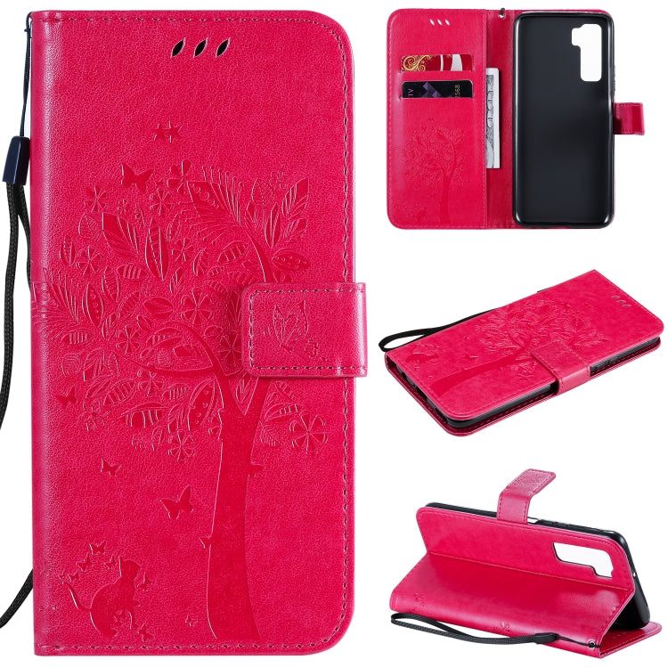 For Huawei Nova 7 SE Tree & Cat Embossed Pattern Horizontal Flip Leather Case with Holder & Card Slots & Wallet & Lanyard