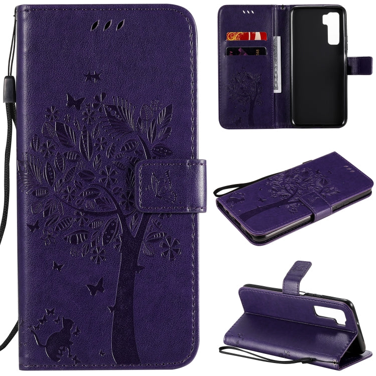 For Huawei Nova 7 SE Tree & Cat Embossed Pattern Horizontal Flip Leather Case with Holder & Card Slots & Wallet & Lanyard