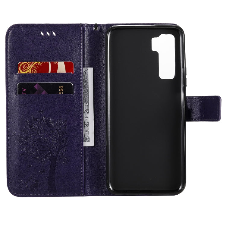 For Huawei Nova 7 SE Tree & Cat Embossed Pattern Horizontal Flip Leather Case with Holder & Card Slots & Wallet & Lanyard
