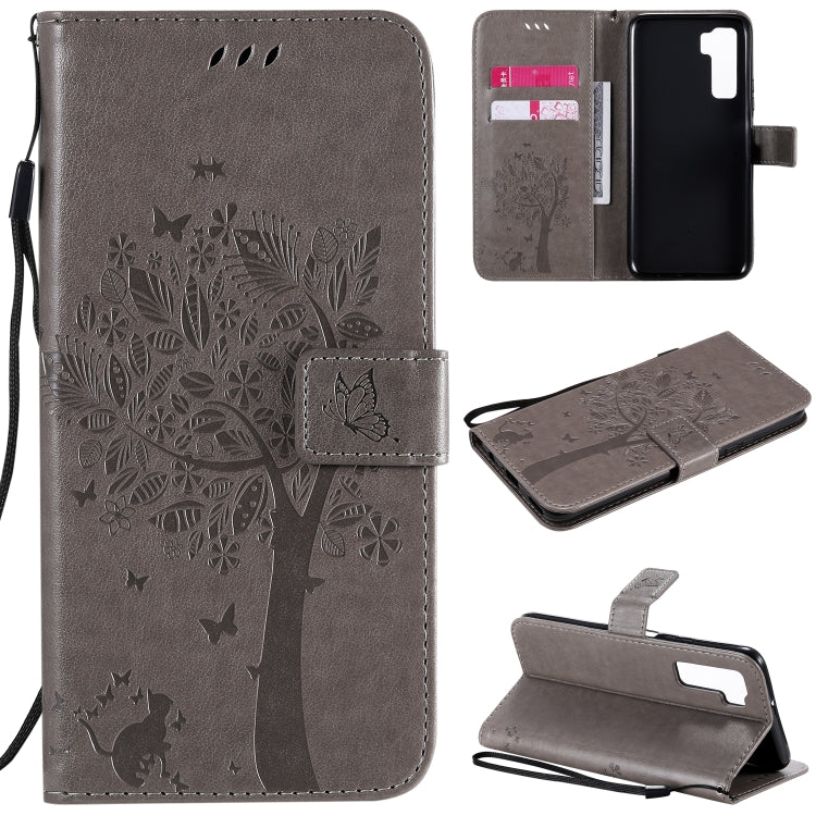 For Huawei Nova 7 SE Tree & Cat Embossed Pattern Horizontal Flip Leather Case with Holder & Card Slots & Wallet & Lanyard