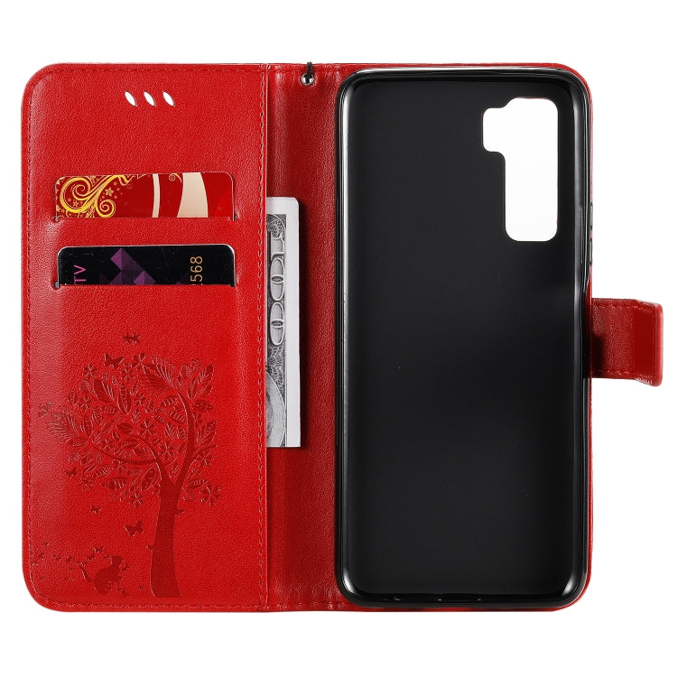 For Huawei Nova 7 SE Tree & Cat Embossed Pattern Horizontal Flip Leather Case with Holder & Card Slots & Wallet & Lanyard