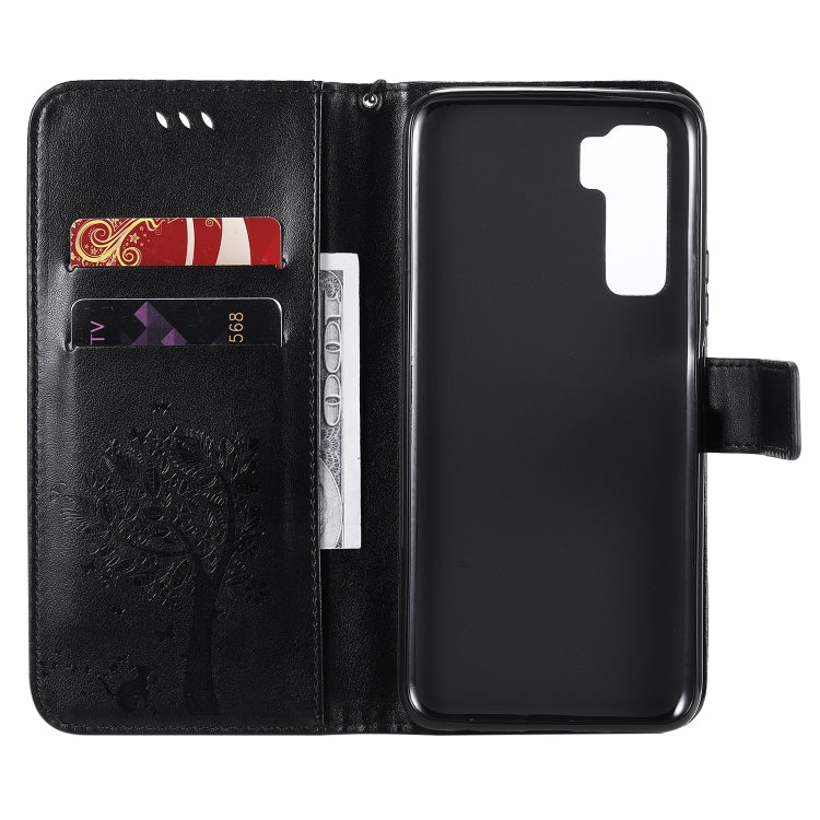 For Huawei Nova 7 SE Tree & Cat Embossed Pattern Horizontal Flip Leather Case with Holder & Card Slots & Wallet & Lanyard