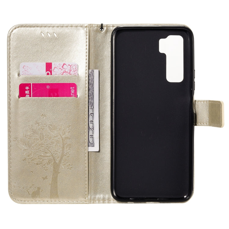 For Huawei Nova 7 SE Tree & Cat Embossed Pattern Horizontal Flip Leather Case with Holder & Card Slots & Wallet & Lanyard
