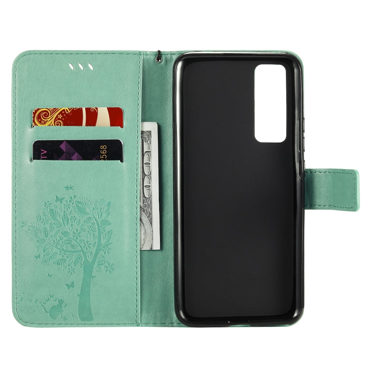 For Huawei Nova 7 Tree & Cat Embossed Pattern Horizontal Flip Leather Case with Holder & Card Slots & Wallet & Lanyard