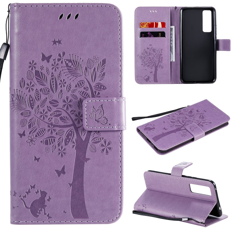 For Huawei Nova 7 Tree & Cat Embossed Pattern Horizontal Flip Leather Case with Holder & Card Slots & Wallet & Lanyard