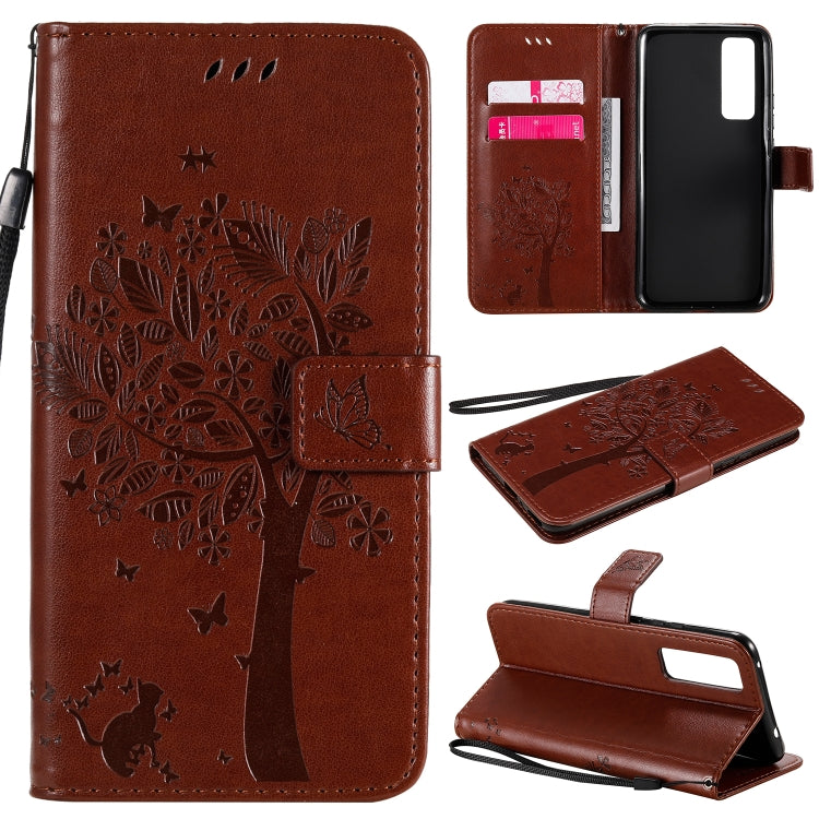 For Huawei Nova 7 Tree & Cat Embossed Pattern Horizontal Flip Leather Case with Holder & Card Slots & Wallet & Lanyard