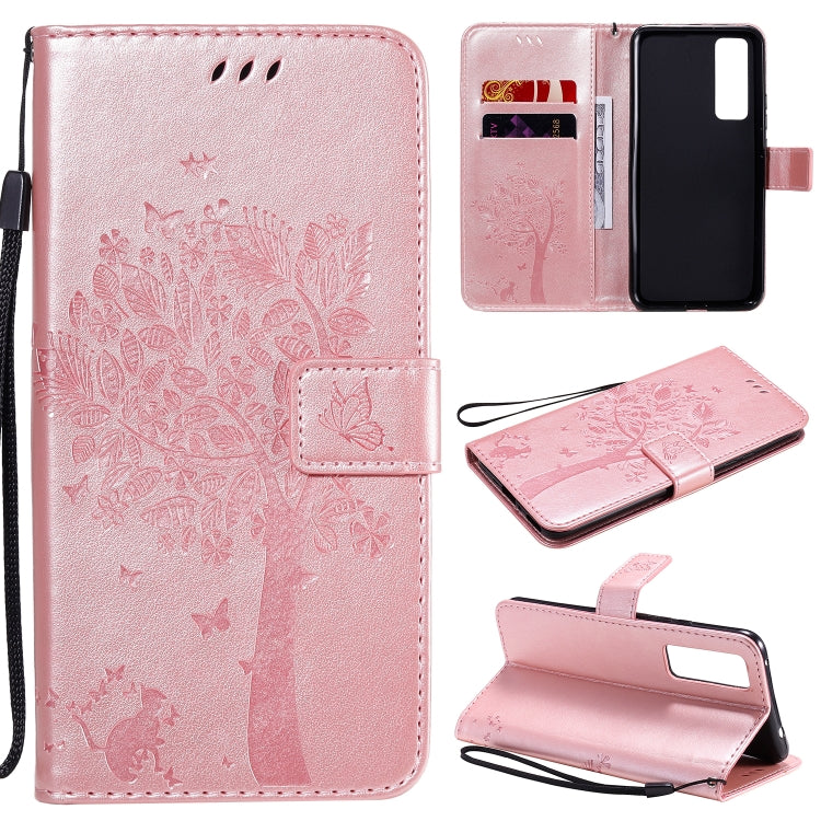 For Huawei Nova 7 Tree & Cat Embossed Pattern Horizontal Flip Leather Case with Holder & Card Slots & Wallet & Lanyard