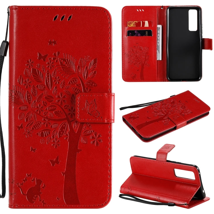 For Huawei Nova 7 Tree & Cat Embossed Pattern Horizontal Flip Leather Case with Holder & Card Slots & Wallet & Lanyard