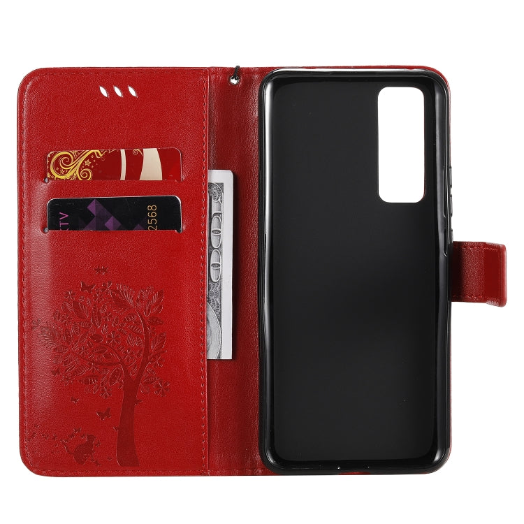 For Huawei Nova 7 Tree & Cat Embossed Pattern Horizontal Flip Leather Case with Holder & Card Slots & Wallet & Lanyard