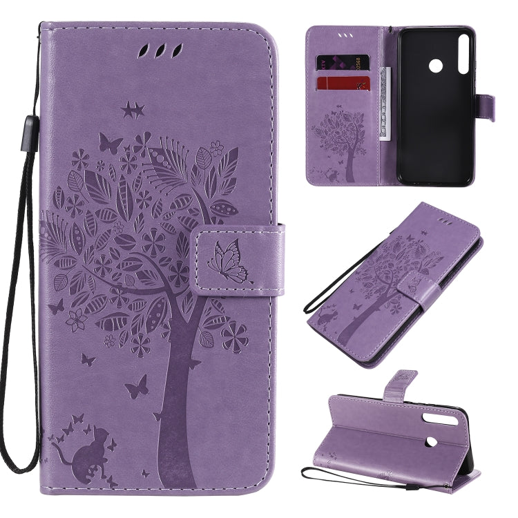 For Huawei P40 Lite E Tree & Cat Embossed Pattern Horizontal Flip Leather Case with Holder & Card Slots & Wallet & Lanyard