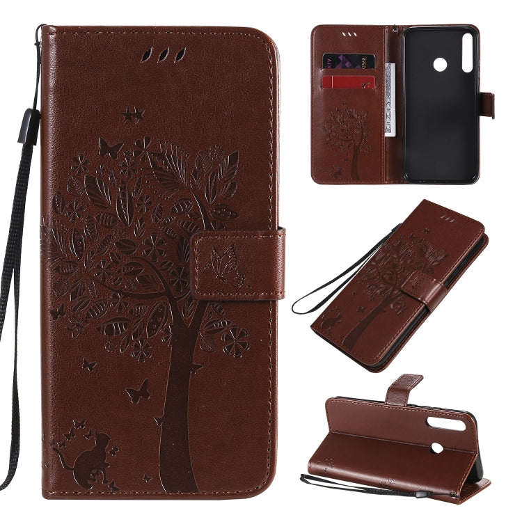 For Huawei P40 Lite E Tree & Cat Embossed Pattern Horizontal Flip Leather Case with Holder & Card Slots & Wallet & Lanyard