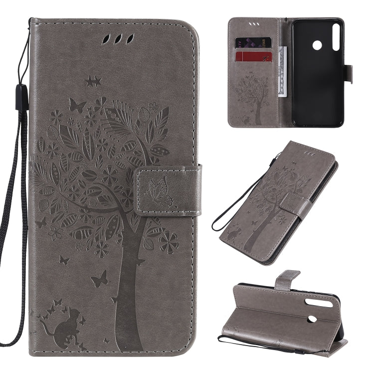 For Huawei P40 Lite E Tree & Cat Embossed Pattern Horizontal Flip Leather Case with Holder & Card Slots & Wallet & Lanyard