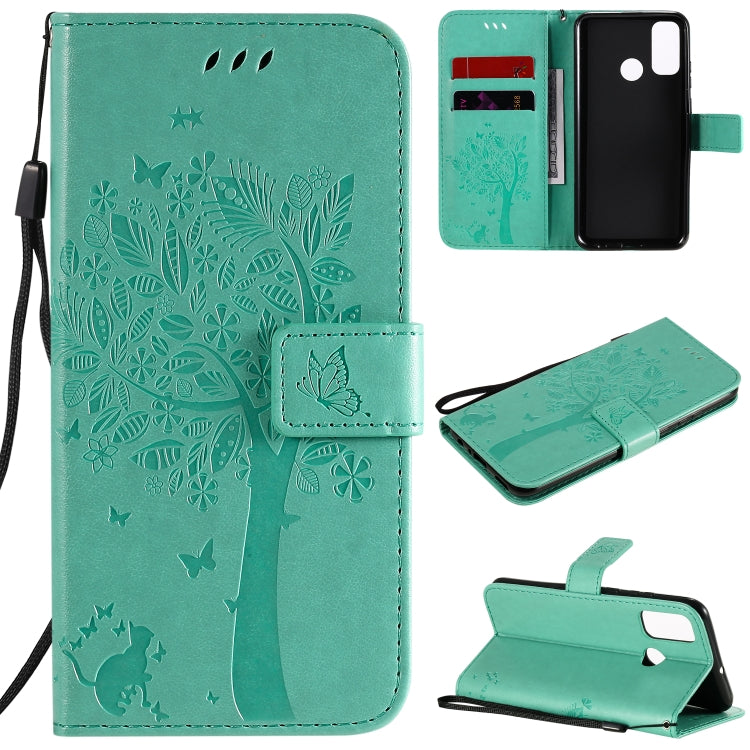 For Huawei P Smart 2020 Tree & Cat Embossed Pattern Horizontal Flip Leather Case with Holder & Card Slots & Wallet & Lanyard