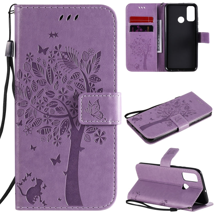 For Huawei P Smart 2020 Tree & Cat Embossed Pattern Horizontal Flip Leather Case with Holder & Card Slots & Wallet & Lanyard