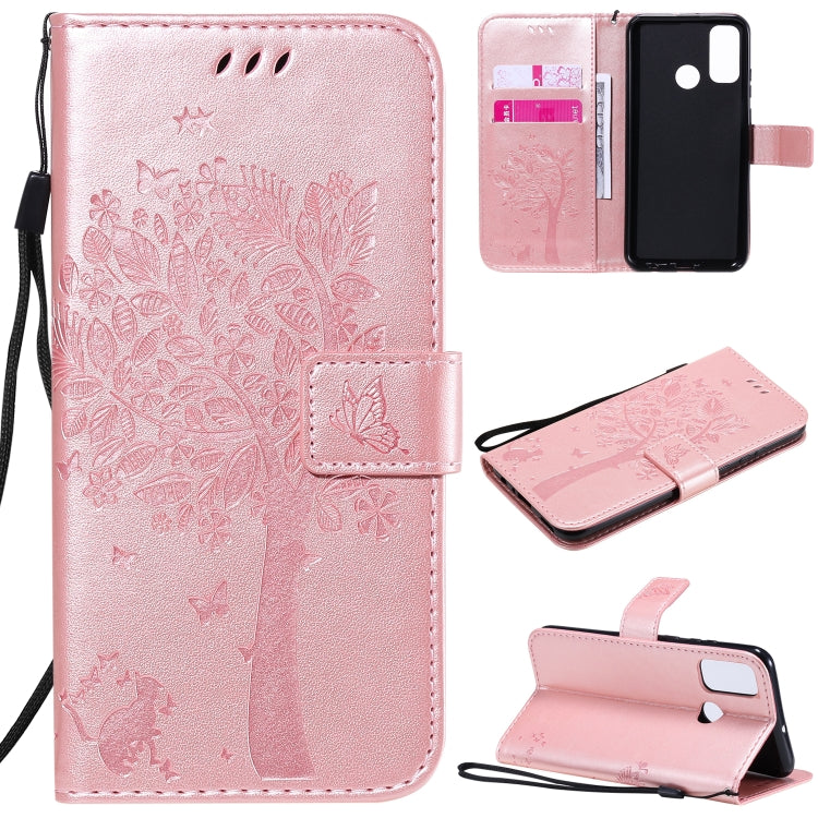 For Huawei P Smart 2020 Tree & Cat Embossed Pattern Horizontal Flip Leather Case with Holder & Card Slots & Wallet & Lanyard